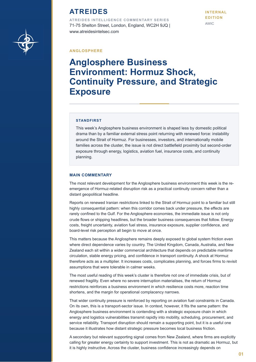 First page of Anglosphere Business Environment: Hormuz Shock, Continuity Pressure, and Strategic Exposure