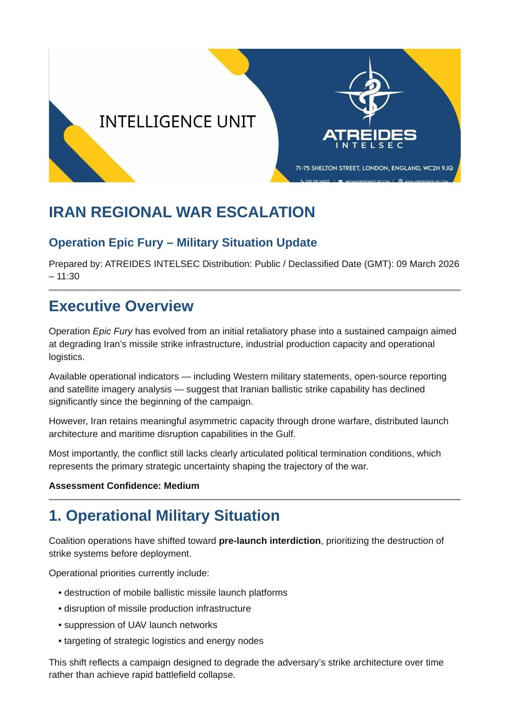 First page of Iran Regional War Escalation — Operation Epic Fury: Military Situation Update