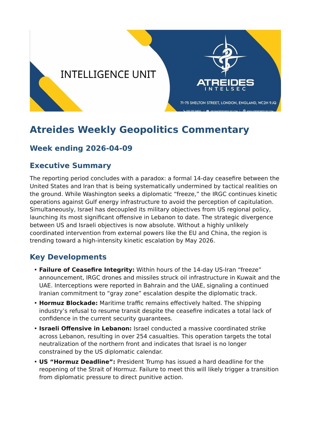 First page of Atreides Weekly Geopolitics Commentary