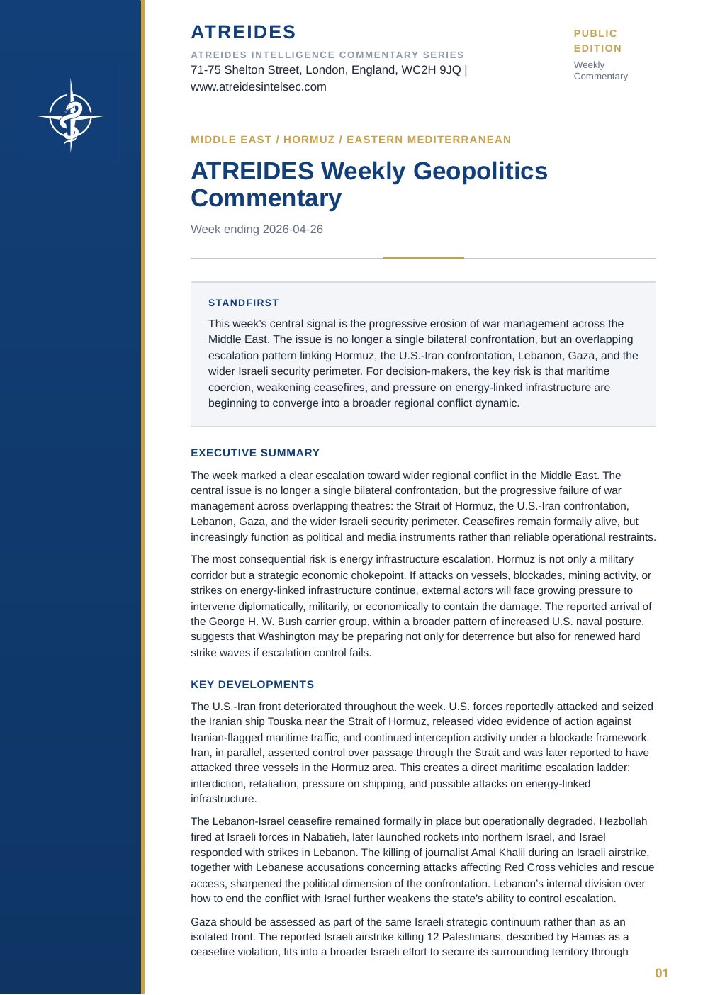First page of ATREIDES Weekly Geopolitics Commentary