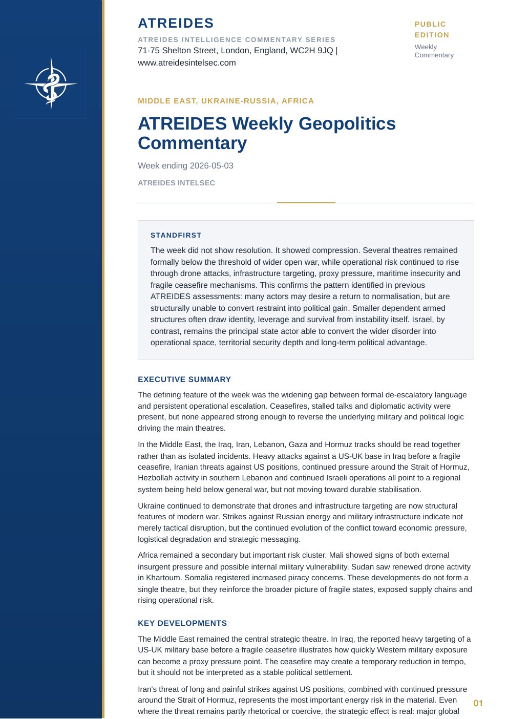 First page of ATREIDES Weekly Geopolitics Commentary