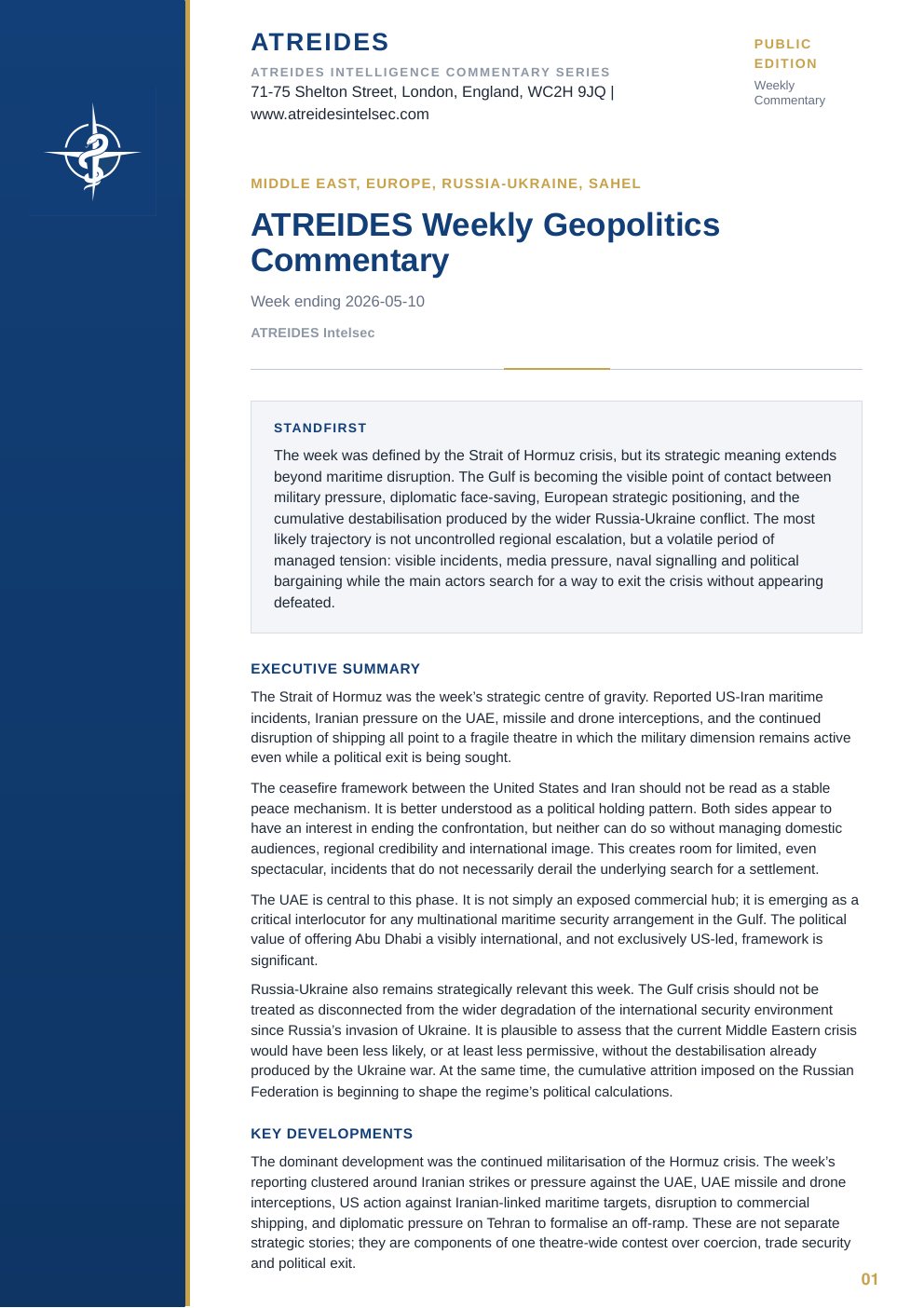 First page of ATREIDES Weekly Geopolitics Commentary