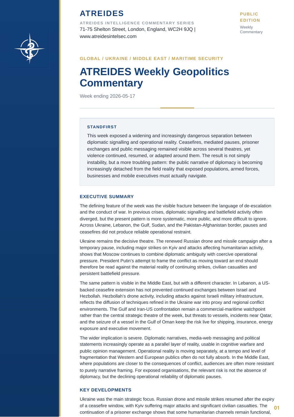 First page of ATREIDES Weekly Geopolitics Commentary