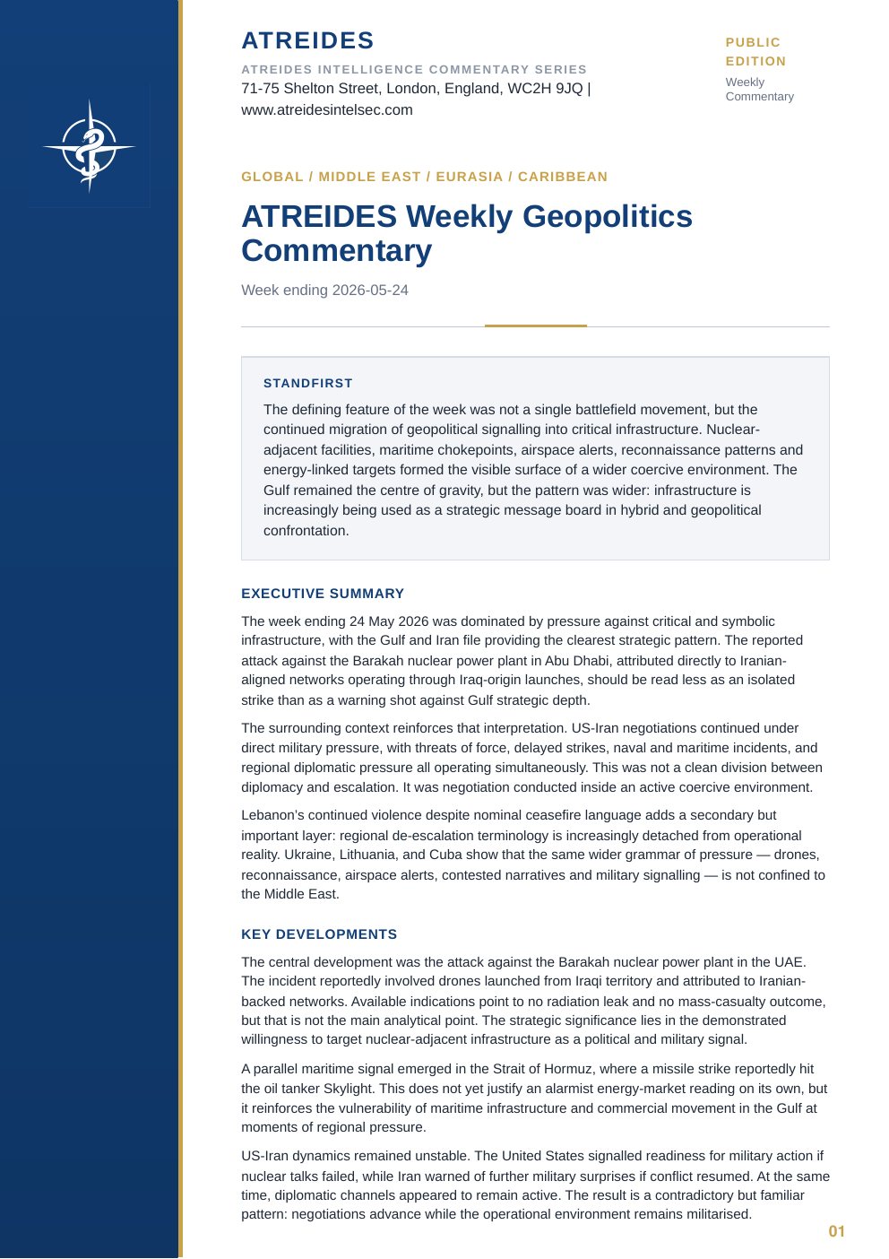 First page of ATREIDES Weekly Geopolitics Commentary