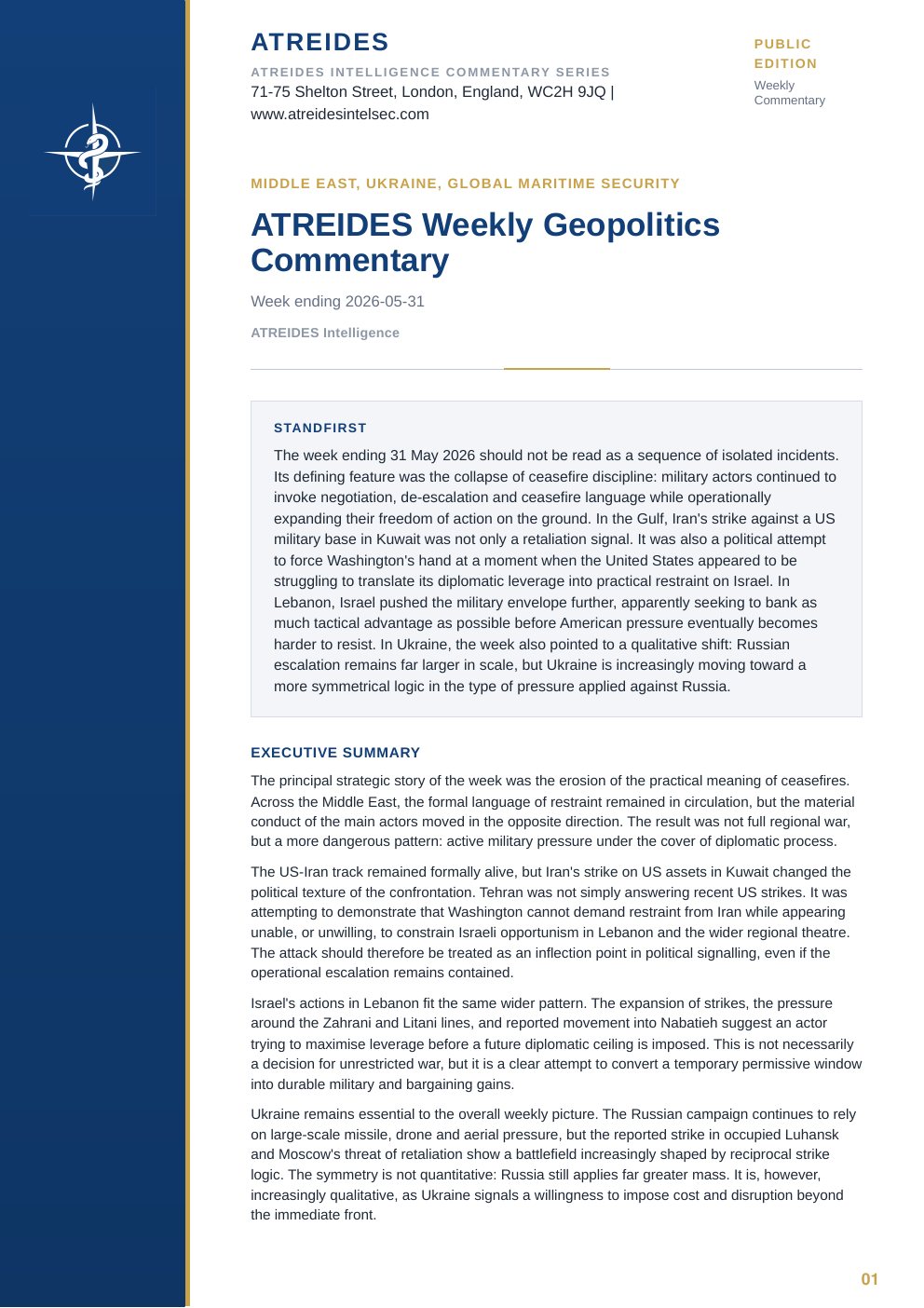 First page of ATREIDES Weekly Geopolitics Commentary