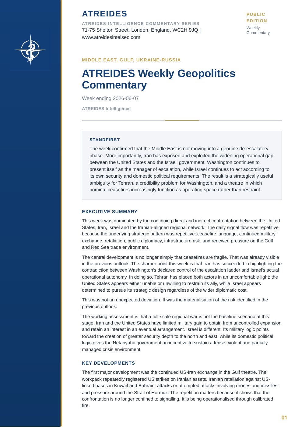 First page of ATREIDES Weekly Geopolitics Commentary