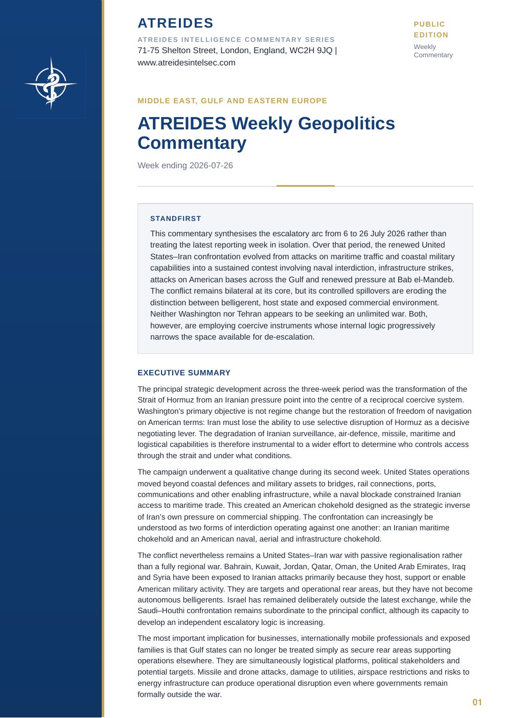 First page of ATREIDES Weekly Geopolitics Commentary