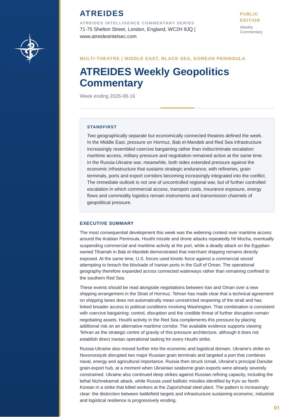 First page of ATREIDES Weekly Geopolitics Commentary